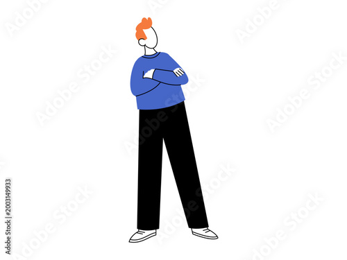 Man with orange hair standing with arms crossed looking up vector illustration. Business planning, creative thinking, future vision, leadership, casual lifestyle, growth. Male with folded hands