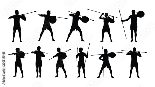 Silhouette of ancient warriors with spears and shields in dynamic poses isolated on white background high quality professional detailed modern elegant