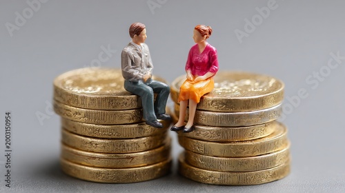 Miniature figures of a man and a woman sit on stacks of golden coins, symbolizing financial growth, partnership, and investment in the economy, showcasing wealth and success concepts.