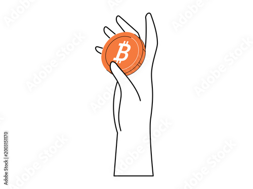 Hand holding an orange bitcoin coin vector illustration. Cryptocurrency investment, digital finance, blockchain technology, fintech, online payment, wealth management. Arm grasping a crypto token