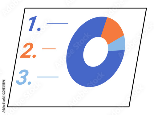 A colorful donut chart next to a numbered list vector illustration. Data analysis, marketing research, survey, growth tracking, audit, reporting. Pie graph beside a sequence of digits