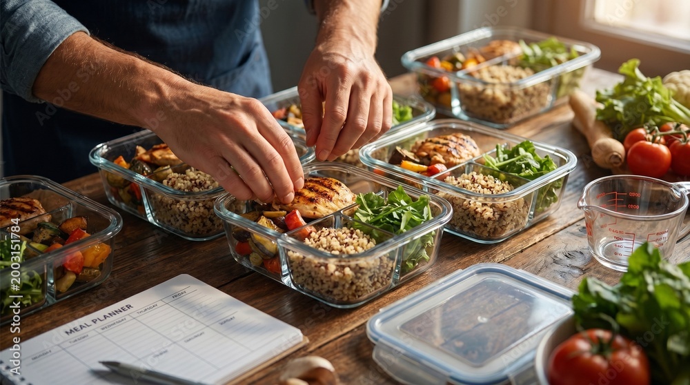 Obraz premium Man hands arranging fresh healthy food meals while using lunch prep routine with portion planning, placing food into control friendly containers to support healthy eating and daily meal organization