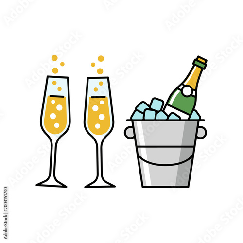 Sparkling champagne bottle in ice bucket with two flute glasses illustration