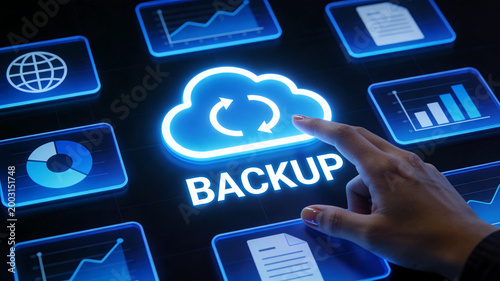 A human finger touches a glowing digital cloud icon representing secure online backup storage services on a modern interactive interface