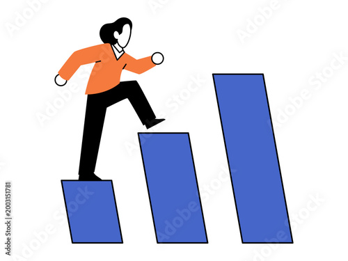 Woman stepping up on blue bars vector illustration. Business growth, career path, financial success, market analysis, leadership, personal development. Professional female moving upward on graph