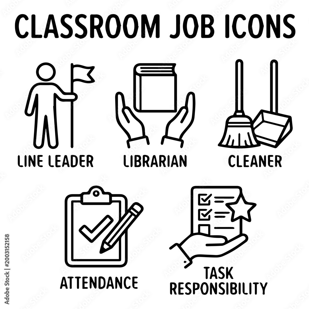 Fototapeta premium Classroom Job Chart Black and White Icon Set for Teachers