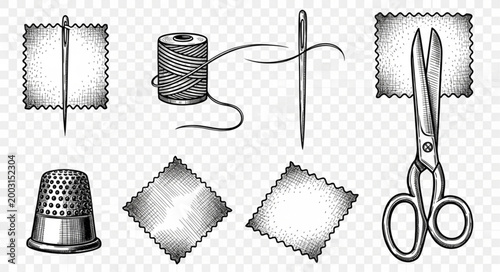 Bild auf Leinwand Sewing tools and fabric pieces sketch illustration.