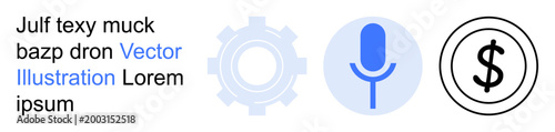 Technology, communication, finance, innovation, automation, sound recording. Visuals include a gear, microphone and dollar sign in a clean design. Technology and communication