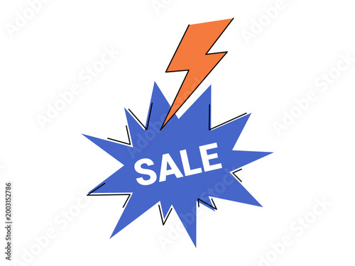 Blue starburst and lightning sale vector illustration. Flash offer, retail commerce, discount marketing, shopping event, seasonal clearance, special promo. Burst badge with price reduction