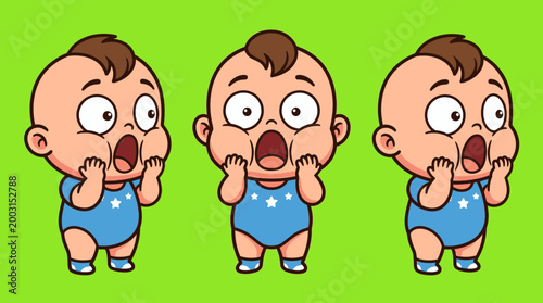 Three Cartoon Babies Expressing Surprise and Shock on Green Background.