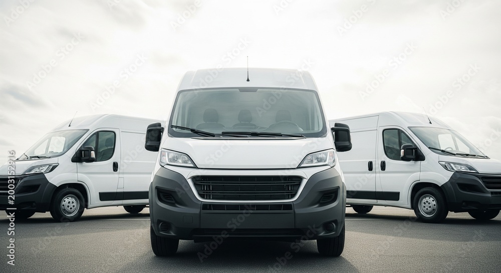 Fototapeta premium Fleet of White Commercial Delivery Vans Lined Up Outdoors Under a Cloudy Sky, Front View
