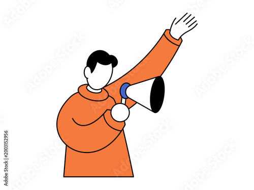 Man holding a megaphone and waving his hand vector illustration. Marketing, public speaking, news alert, protest, community, leadership. Male character with loudspeaker gesturing