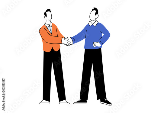 Two men shaking hands vector illustration. Business partnership, successful deal, corporate agreement, professional networking, collaboration, teamwork. Male colleagues greeting each other