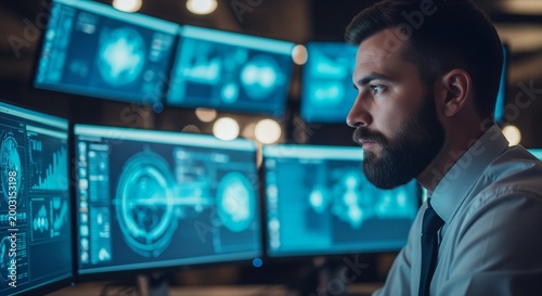 Focused Businessman Analyzing Complex Data on Multiple Monitors in a Dark Control Room Environment