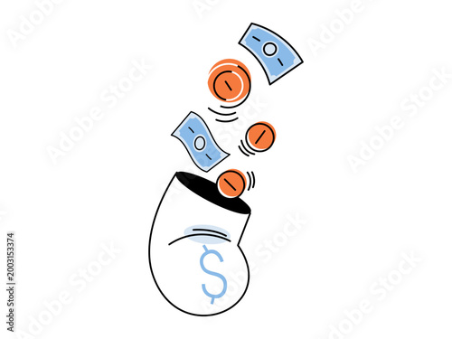 Coins and banknotes falling into a money bag vector illustration. Savings, investment, budget planning, wealth accumulation, earnings, banking. Cash and currency dropping into a sack