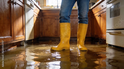 Person wearing yellow rubber boots stands in a flooded kitchen, dealing with water damage issues.