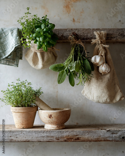 Rustic shelf holds herbs and garlic in burlap bags. Earthy tones frame a cozy kitchen scene. Fresh mint, rosemary, thyme, and garlic add charm. Wooden mortar rests beside potted greens