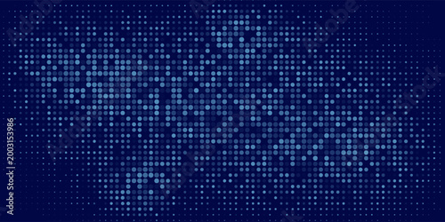 Digital glowing pixels matrix pattern on dark blue background. Abstract backdrop of glittering dots for FinTech presentation, blockchain or data scientist concept. Vector illustration.