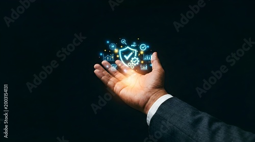 Professional Male in Charcoal Suit Presenting Floating Digital Icons with Warm Orange Glow Low-Angle Perspective Black Background Minimalist Space Hand Detail Depth Focus tan