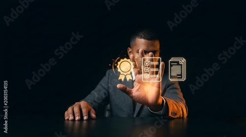 Professional Male with Deep Tan Suit Presenting Golden Icons Hand Glowing in Black Background Creating Minimalist Space Depth Importance for Quality Compliance