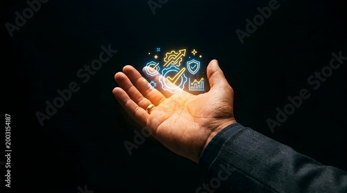 Professional Male in Charcoal Suit Holding Digital Checklist Icons with Glowing Orange-Yellow Light Against Minimalist Black Background for Clean Modern Presentation Space tan hand
