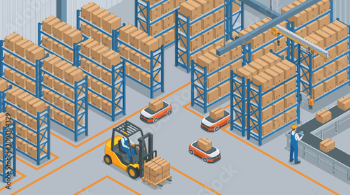 An isometric view of a bustling warehouse featuring stacks of boxes, a forklift, and busy workers, representing the dynamics of logistics and supply chain management.