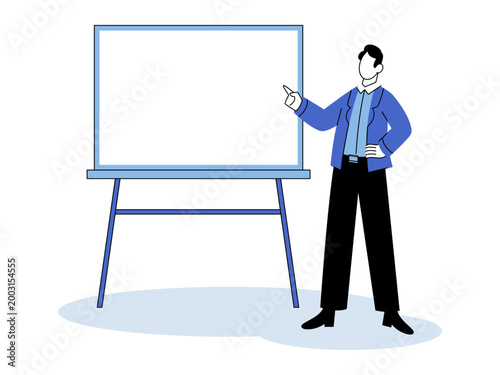 Man pointing to a white board vector illustration. Corporate training, business seminar, educational workshop, marketing strategy, startup pitch, team coaching. Male speaker gesturing at empty board
