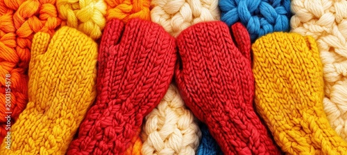 Colorful Knit Mittens on Vibrant Textured Background in Warm Tones