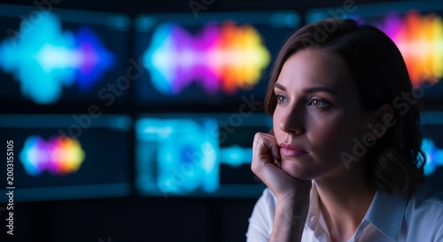 Focused woman analyzing colorful audio wave visualizations on multiple computer screens in a dark