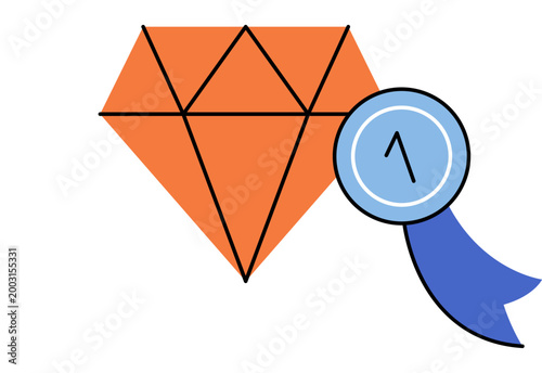 Orange diamond with a blue first place medal and ribbon vector illustration. Premium quality, business success, top achievement, luxury rewards, winner status, high value. Gemstone with award badge