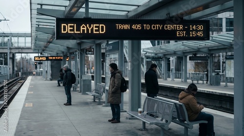 Commuters waiting on a platform for a delayed train at a city station.