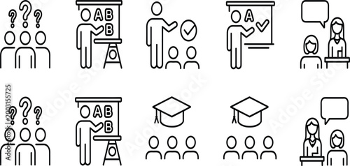 Collection of line art icons representing education and learning concepts teaching school