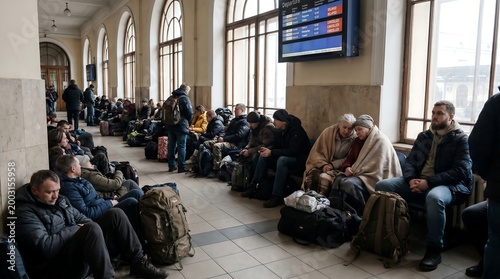 Crowd of Ukrainian refugees waiting at a railway station terminal.