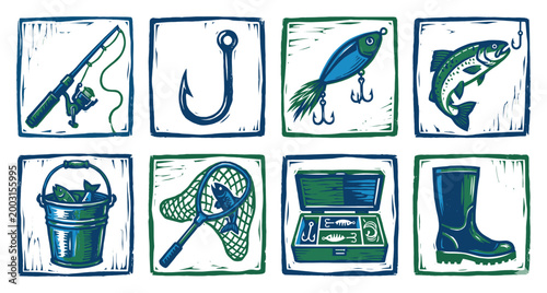 Fishing gear collection in linocut style, showcasing essential equipment for angling adventures