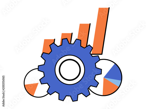 Gear with bar chart and pie graphs vector illustration. Business growth, data analysis, workflow optimization, industrial management, process automation, statistics. Cogwheel with statistical