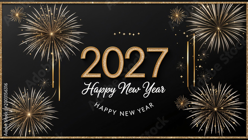 2027 Happy New Year celebration with golden fireworks and dark background for festive greeting cards