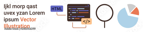 Web design, coding tutorials, data analysis, tech research, digital tools, programming concepts. Code snippet with tags, magnifying glass and pie chart. Web design and coding tutorials