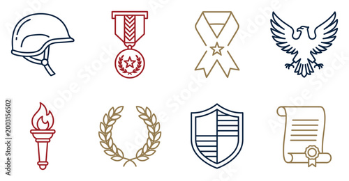 Vector icons representing military achievements and honors in a flat style