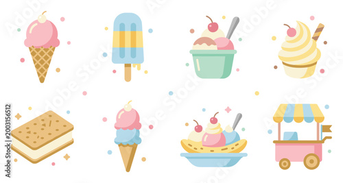 Collection of delicious ice cream and frozen dessert illustrations in flat design style
