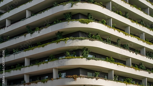 A modern architectural photograph showcases a sleek building with numerous balconies and lush greenery in a urban environment from a close-up exterior viewpoint.