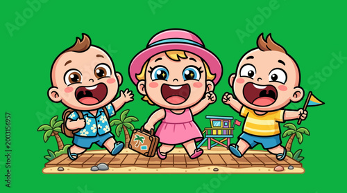 Three cheerful cartoon babies enjoying a sunny day at the beach.