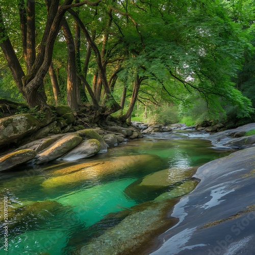 A serene forest stream flows gently through a rocky landscape surrounded by lush greenery and tall trees.
