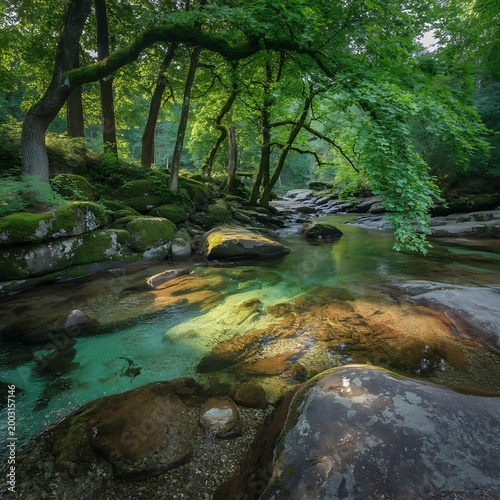 A serene forest stream flows gently through a rocky landscape surrounded by lush greenery and trees.