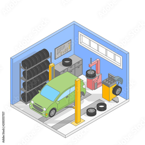 Vector isometric cartoon cute simple car tire service center. Includes car on lift, tires, tire changer, balancing machine, other service equipment and tools