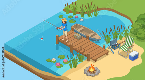 A serene illustration of a person fishing from a dock at a calm lake, capturing the peacefulness of nature and the joy of leisure activities in outdoor settings.