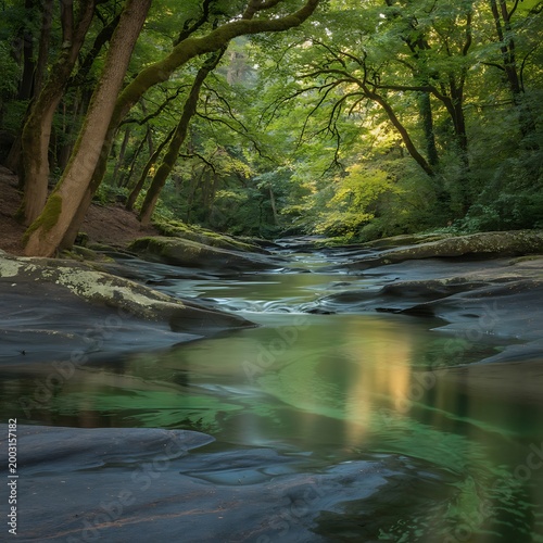 A serene forest landscape with a gentle stream flowing through rocks and trees