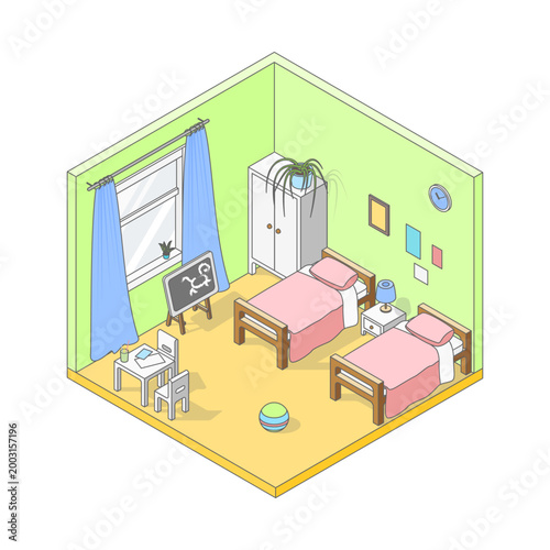 Vector isometric cute cartoon simple children's room.Room with wooden modern furniture, two beds, little table, chairs, toys, board and large window. Minimalist modern interior