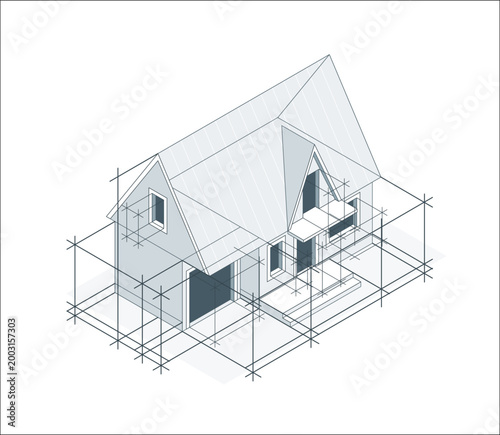 Cottage house for rest project concept, isometric vector illustration of a small house building project, countryside small house cabin in village or nature.