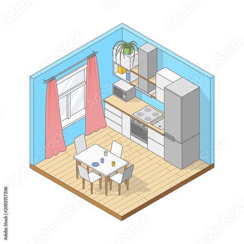 Vector isometric cute cartoon simple Kitchen. Kitchen with modern furniture, refrigerator, oven, stove, shelves and large window. Minimalist modern interior
