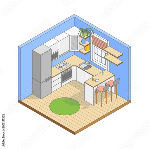 Vector isometric cute cartoon simple corner Kitchen. Kitchen with modern furniture, refrigerator, oven, stove, shelves and large window. Minimalist modern interior
